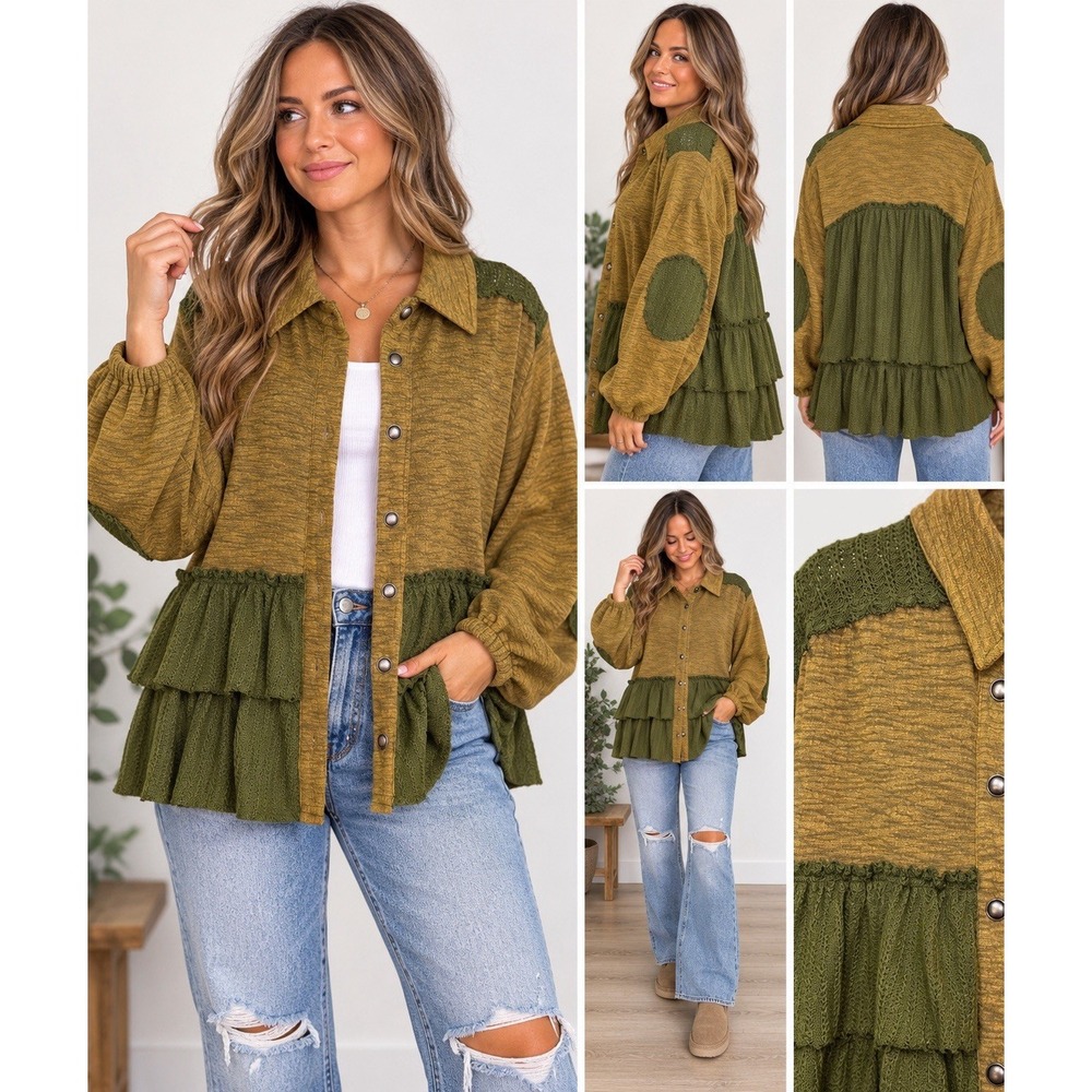 POL Shacket Size L Oversized Ruffle Knit Boho - Cottagecore Olive Green Jacket